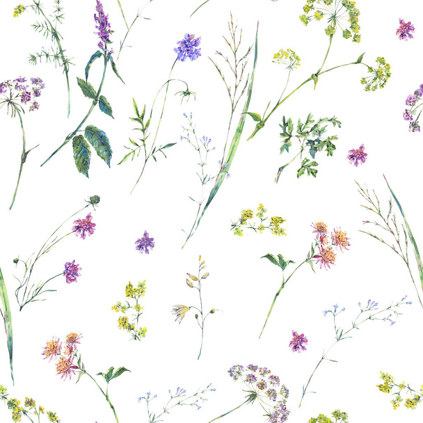 Watercolor summer wildflowers seamless pattern - Foto, Imagen