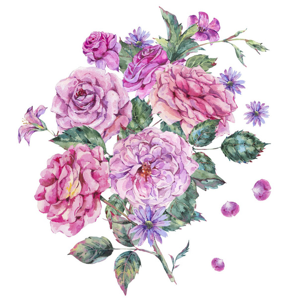 Acuarela vintage decorativa rosas rosadas Ilustración botánica colorida
 - Foto, Imagen