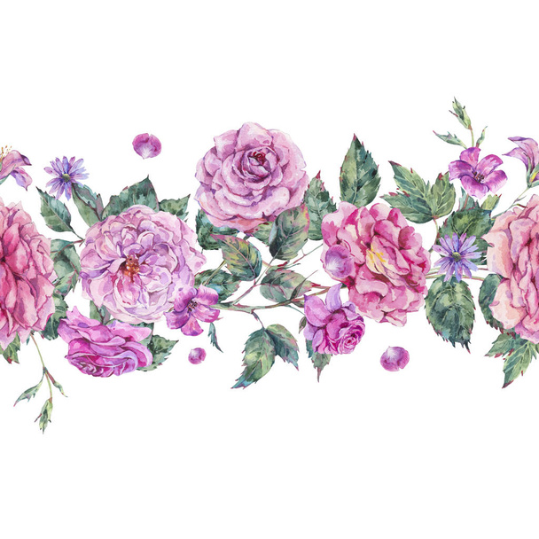 Watercolor decorative vintage pink roses seamless border - Photo, Image