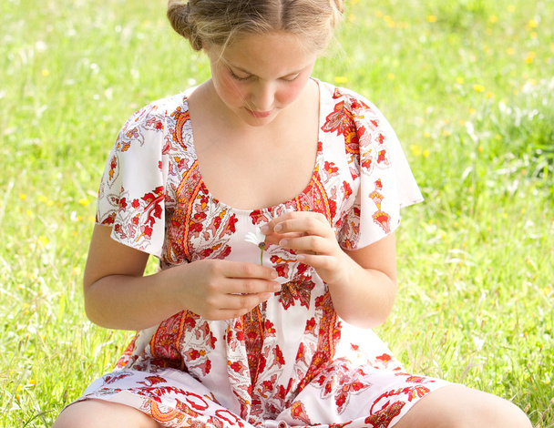 έφηβος τραβήγματος πέταλα από ένα λουλούδι Μαργαρίτα, παίζοντας στην αγάπη μου μ ' αγαπάς. - Φωτογραφία, εικόνα