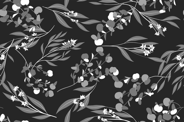 Eucalyptus Vector. Monochrome Seamless Pattern with Vector Leaves, Branches and Floral Element. Elegant Background for Rustic Wedding Design, Fabric, Textile, Dress. Eucalyptus Vector in Vintage Style - Vector, Image