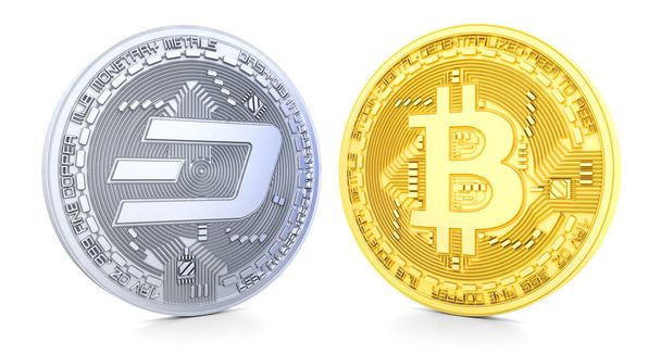 Bitcoin and Dash 3d, isolated on white background - Photo, Image