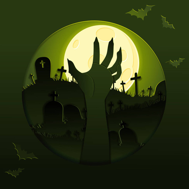 Kísérteties arany és zöld papercut tervez-val egy zombi kar sziluettje. Vannak csoportosítva, grafikus és több rétegben, a könnyű szerkeszthetőség. A fájl lehet méretezni, hogy bármilyen méretű. - Vektor, kép