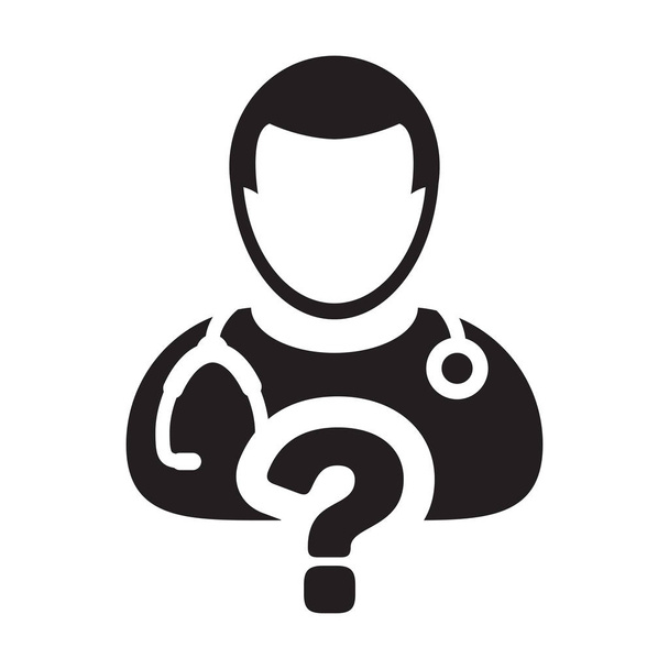 Ρωτήστε το γιατρό ένα εικονίδιο διάνυσμα είδωλο προφίλ αρσενικό άτομο με ερώτηση σύμβολο για την ιατρική διαβούλευση σε εικονογράφηση εικονόγραμμα γλύφων - Διάνυσμα, εικόνα