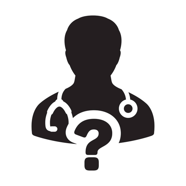 Gezondheidszorg pictogram vector arts mannelijke persoon profiel avatar met vraag symbool voor medische raadpleging in glyph pictogram afbeelding - Vector, afbeelding