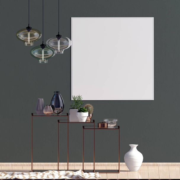 Modern interieur met rekken, posters en lampen. poster mock up. 3D illustratie - Foto, afbeelding