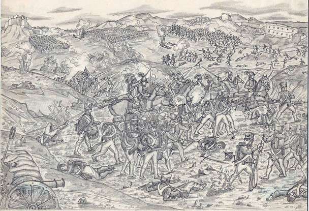 desenho a lápis de campo de batalha, guerra e infantaria ataque e cavalaria, guerras napoleônicas / ilustrado em Odessa, Ucrânia agosto 2015
 - Foto, Imagem