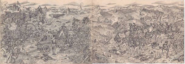 lápiz dibujo panorama del campo de batalla, guerra y ataque infantería y caballería, guerras napoleónicas / ilustrado en Odessa, Ucrania agosto 2015
 - Foto, Imagen