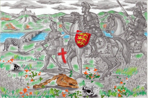 3 つの騎士団十字軍付近の城、歩兵、槍とヘルメットが騎手/オデッサ、ウクライナ、2015 年 6 月を示す - 写真・画像
