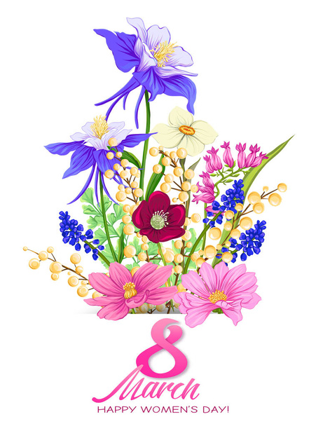 Bouquet of spring flowers for 8 March. Colorful realistic vector illustration - Wektor, obraz