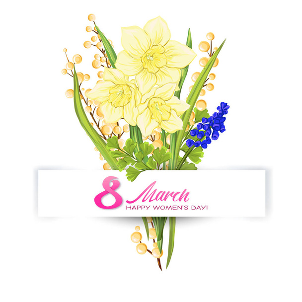 Ανθοδέσμη από ανοιξιάτικα λουλούδια για 8 Μαρτίου. Πολύχρωμο διάνυσμα ρεαλιστική απεικόνιση - Διάνυσμα, εικόνα