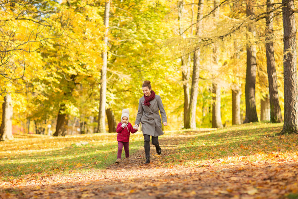 happy mother and little daughter at autumn park - Фото, зображення