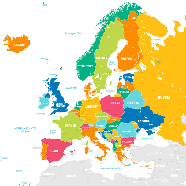 Mapa vetorial do continente europeu com nomes de países, capitais, principais cidades e mares e ilhas em cores brilhantes fortes
. - Vetor, Imagem