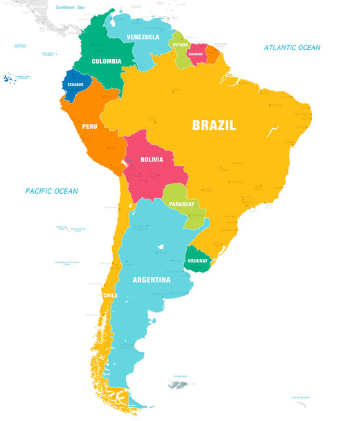 Vector χάρτη της Νότιας Αμερικής Ηπείρου με χώρες, πρωτεύουσες, κύριες πόλεις και θάλασσες και τα νησιά ονόματα στα λαμπρά χρώματα. - Διάνυσμα, εικόνα
