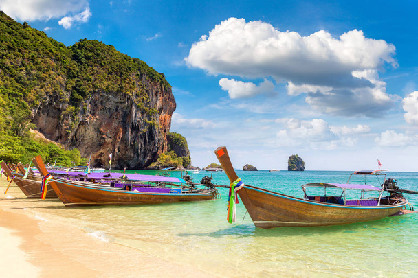 Traditional long tail boat on Ao Phra Nang Beach, Krabi, Thailand in a summer day - Photo, Image