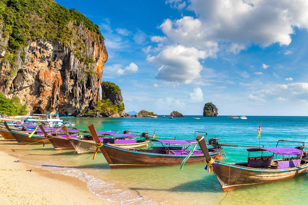 Traditional long tail boat on Ao Phra Nang Beach, Krabi, Thailand in a summer day - Photo, Image