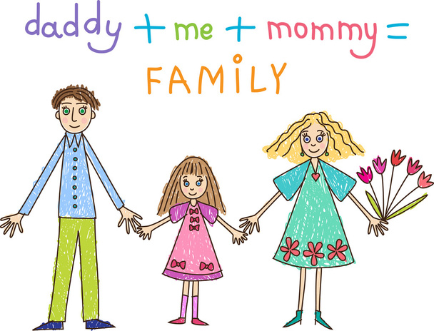 gyerekek rajz. család: anya, apa és lánya - Vektor, kép