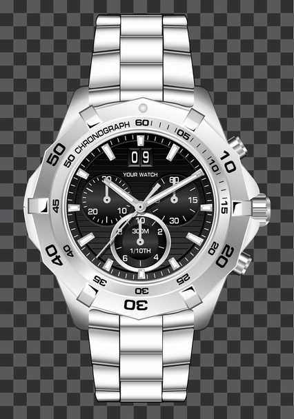 Silver watch clock chronograph luxury on grey checkered background vector illustration. - Vector, Image