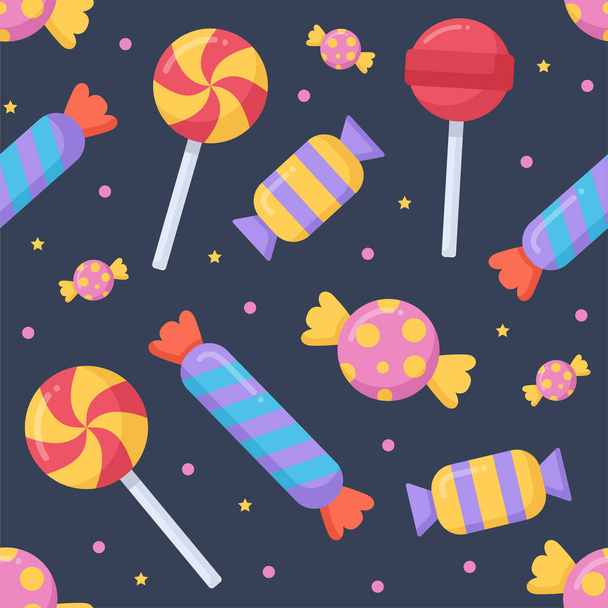 Cute candy and lolipop seamless pattern on a dark background. - Vector, Image