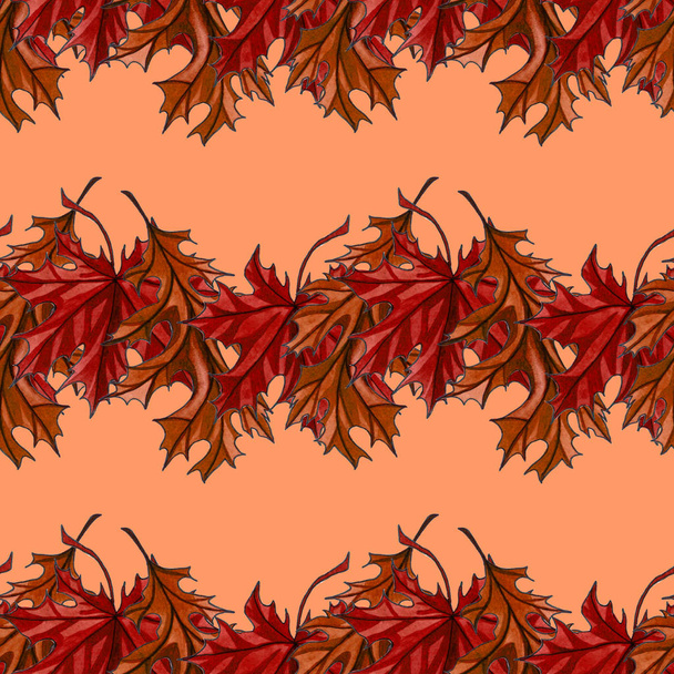 Sonbahar akçaağaç ve sonbahar meşe yaprağı ile Seamless modeli. Suluboya el çekilmiş sonbahar seamless modeli. Gösterim amacıyla Tekstil, hediye paketleme, kağıt, iç tasarım, kapak - Fotoğraf, Görsel