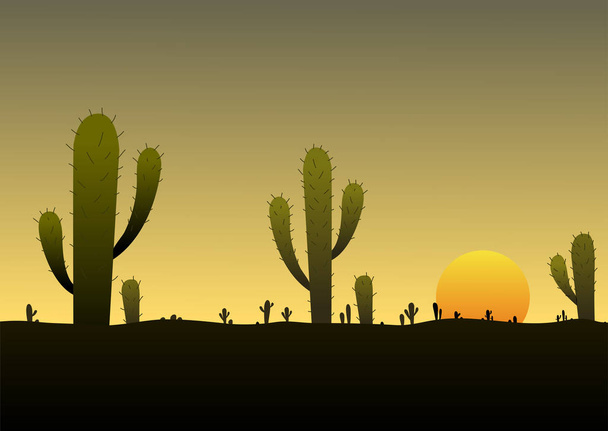 Силуэт кактуса на фоне пустынного пейзажа восхода солнца
 - Вектор,изображение