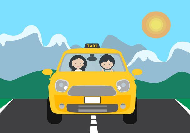 Ένας νεαρός οδηγός άνθρωπος οδήγηση ένα κίτρινο αυτοκίνητο με έναν επιβάτη και ένα σημάδι ταξί. Γκρίζα άσφαλτο με άσπρες ρίγες και καταπράσινο γκαζόν, με τοπίο βουνά στο βάθος κάτω από το γαλάζιο του ουρανού και το χώρο για το κείμενο. Διάνυσμα - Διάνυσμα, εικόνα