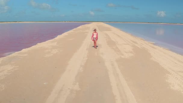 AERIAL, CLOSE UP: Attractive young female walking along the sandy levee surrounding amazing pink lakes of Las Colorado on hot sunny day in Mexico. Tourist girl on vacations strolling along salinas - Footage, Video