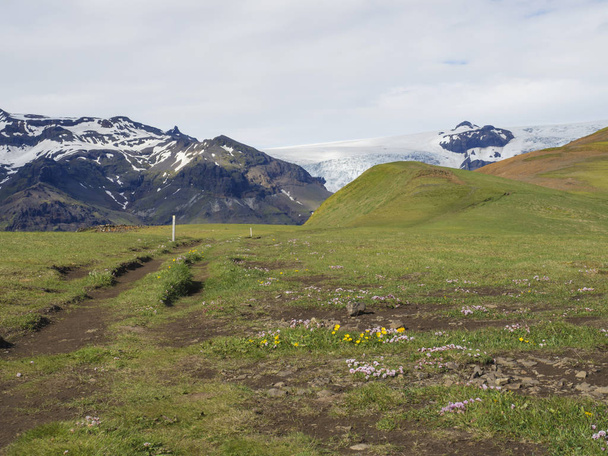 grass footpath and hill with view on glacier Skaftafellsjokull, Vatnajokull spur in Skaftafell Park, South Iceland - Fotó, kép