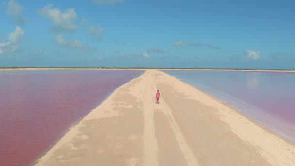 AERIAL: Flying above unrecognizable young girl on summer vacations walking on raised sandy bank watching picturesque coastal landscape and gorgeous pink salt evaporation ponds in hot sunny Mexico - Footage, Video