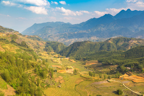 Panoramic view of Terraced rice field in Sapa, Lao Cai, Vietnam in a summer day - Photo, Image