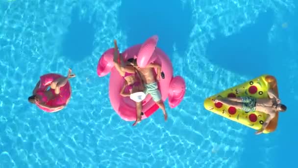 AERIAL TOP DOWN Посміхаючись дівчатам і хлопцям у купальниках, покладіть на веселу надувну піцу, пончик і фламінго, що плаває на воді. Щасливі друзі насолоджуються рожевим фламінго, пончиком та піцою у басейні
 - Кадри, відео