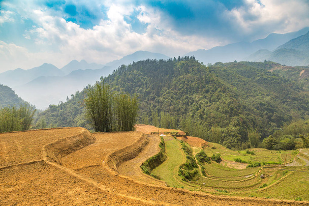 Panoramic view of Terraced rice field in Sapa, Lao Cai, Vietnam in a summer day - Φωτογραφία, εικόνα