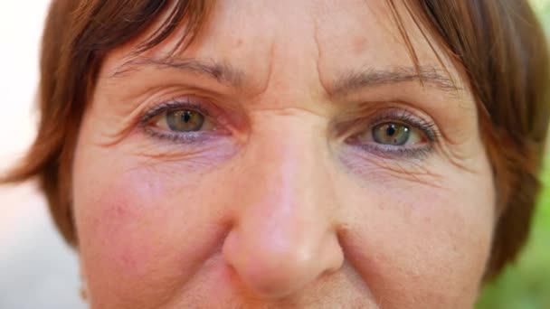 Oude vrouw gezicht met groene ogen en bruin haar - Video