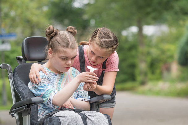 Uma jovem ajudando sua irmã deficiente em uma cadeira de rodas
 - Foto, Imagem