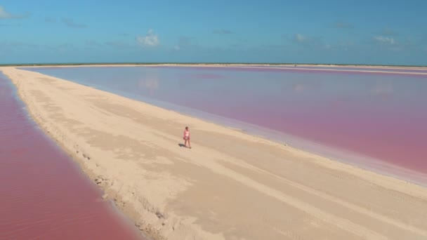 AERIAL: Beautiful young girl on summer vacations walking on sandy levee along gorgeous pink, red and violet saltworks in hot sunny Mexico. In the background stunning turquoise ocean on the horizon - Footage, Video