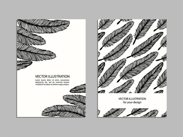 Hand drawn doodle feathers. Cover template collection. Artistic cute celebrating cards. Set design elements. Outline vector drawing. - Vector, Image