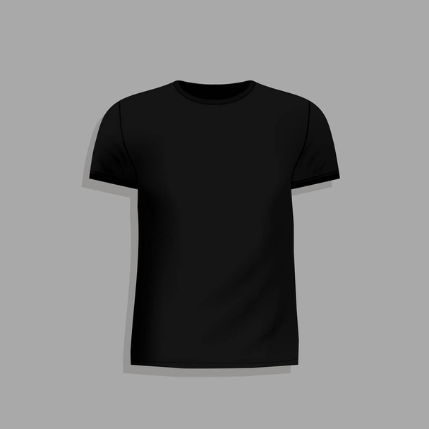 Dla mężczyzn czarny t-shirt design szablon na szarym tle. Makiety tshirt szablon dla projektowania prin - Wektor, obraz