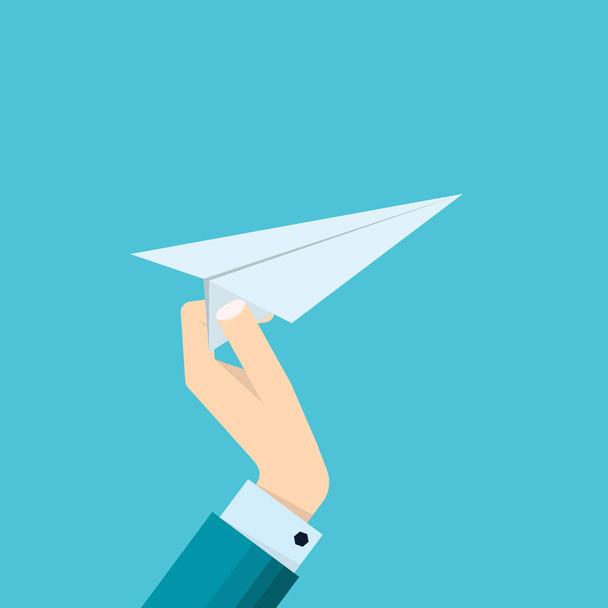 Hand of businessman holds paper plane icon - vector illustration in flat style - Διάνυσμα, εικόνα
