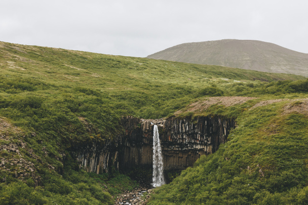 vzdálený pohled na vodopád Svartifoss (černý spád) na Islandu  - Fotografie, Obrázek