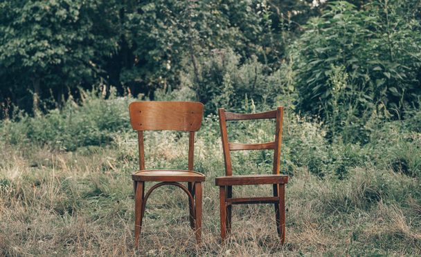 Wooden chair, wooden chair twin, Pair old wooden chair outdoors. Вокруг пышной травы, Окружающая среда предлагает конфиденциальность
. - Фото, изображение