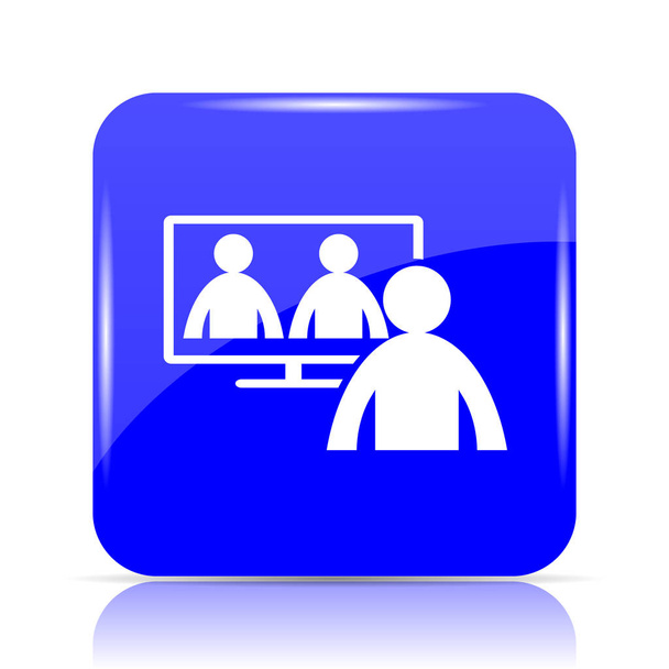 Video conferenza, icona della riunione online, pulsante blu del sito web su sfondo bianco
 - Foto, immagini