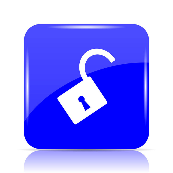 Schloss-Symbol öffnen, blauer Website-Knopf auf weißem Hintergrund - Foto, Bild