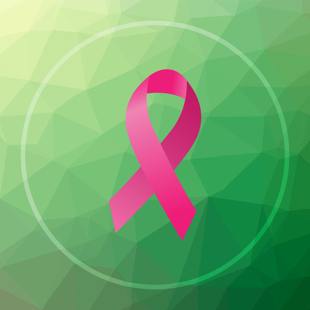 Breast cancer ribbon icon. Breast cancer ribbon website button on green low poly background - Photo, Image
