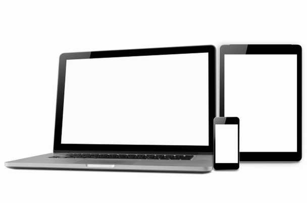 Laptop, tablet and mobile phone. Mock up image of electronic gadgets isolated on white background. - Photo, Image