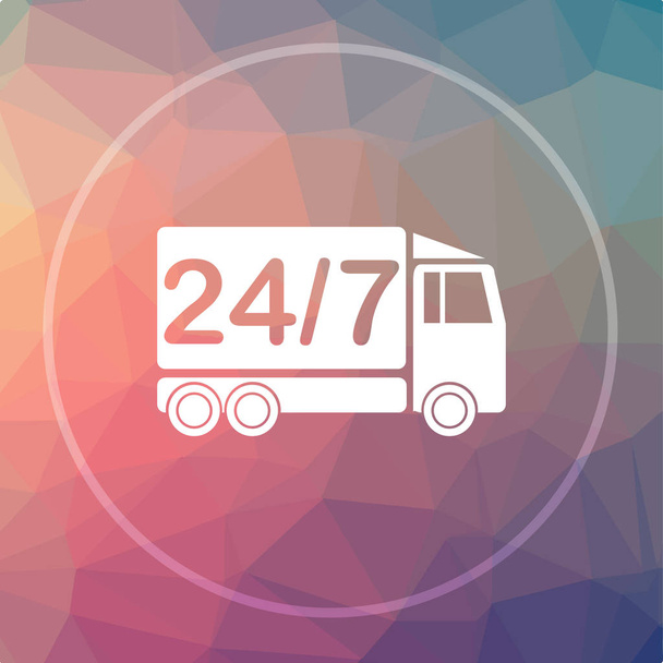 Icono de camión de entrega 24 7. 24 7 botón del sitio web del camión de entrega en fondo de poli baja
 - Foto, Imagen