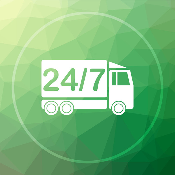 24 7 icona del camion di consegna. 24 7 pulsante del sito web del camion di consegna su sfondo verde basso poli
 - Foto, immagini