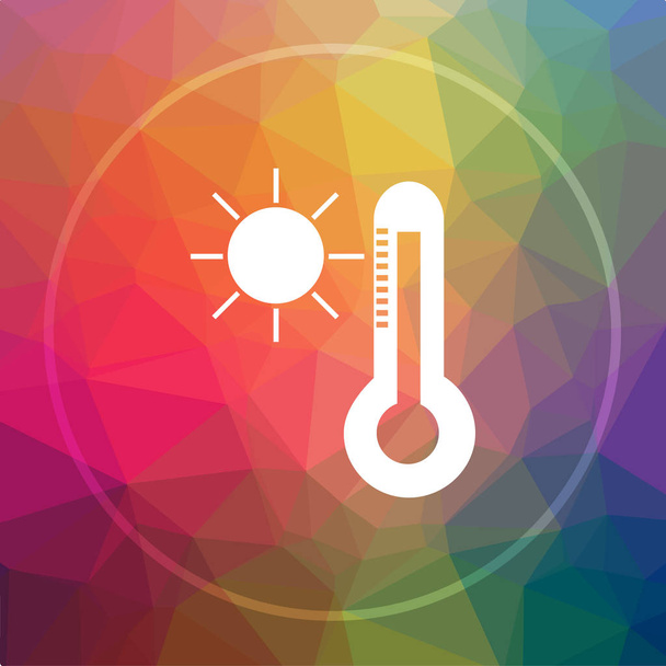 Sun and thermometer icon. Sun and thermometer website button on low poly background - Photo, Image