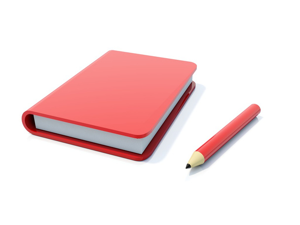 Red notebook with pen isolated on white - 写真・画像