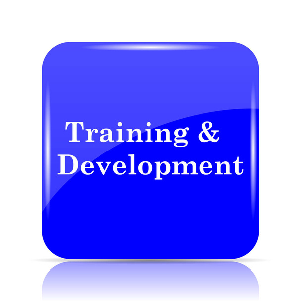 Ícone de treinamento e desenvolvimento, botão azul do site no fundo branco
 - Foto, Imagem