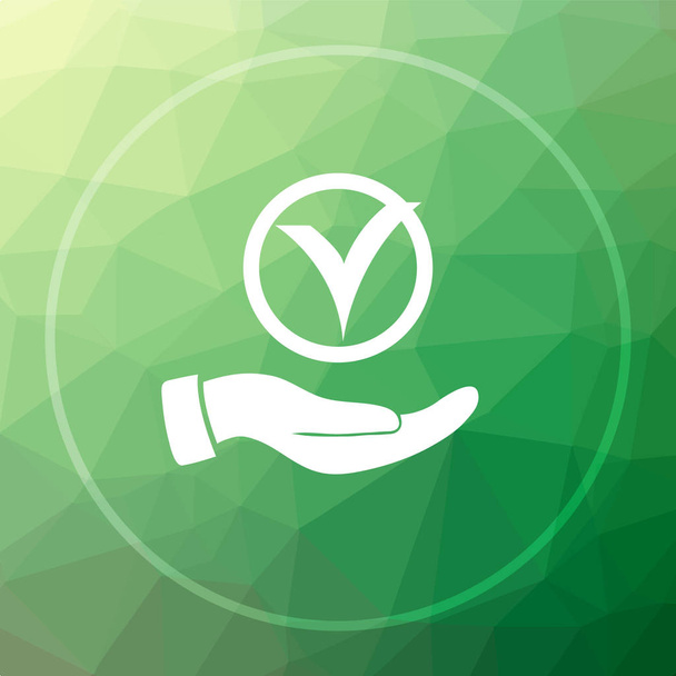 Tick with hand icon. Tick with hand website button on green low poly background - Photo, Image